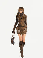 Nico Molly Leopard Patchwork Tribal Women's Cropped Slim Vest Skirt Top & Skirt Sets
