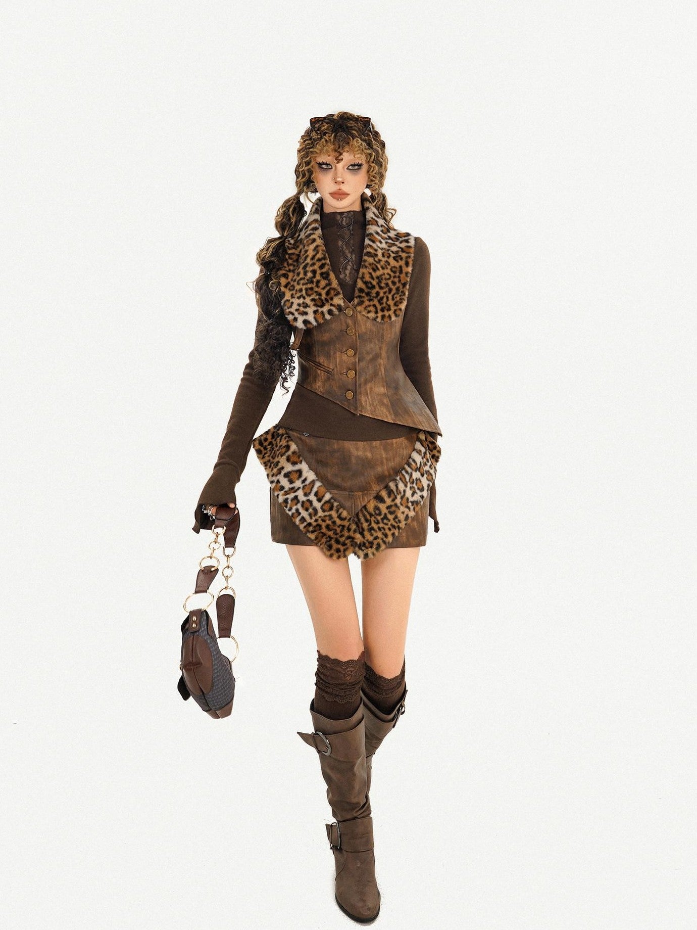 Nico Molly Leopard Patchwork Tribal Women's Cropped Slim Vest Skirt Top & Skirt Sets