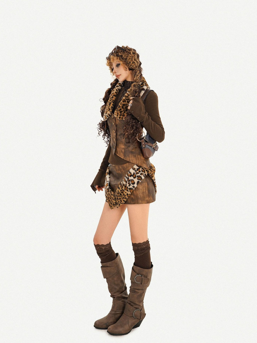 Nico Molly Leopard Patchwork Tribal Women's Cropped Slim Vest Skirt Top & Skirt Sets