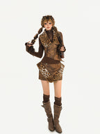 Nico Molly Leopard Patchwork Tribal Women's Cropped Slim Vest Skirt Top & Skirt Sets