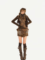 Nico Molly Leopard Patchwork Tribal Women's Cropped Slim Vest Skirt Top & Skirt Sets