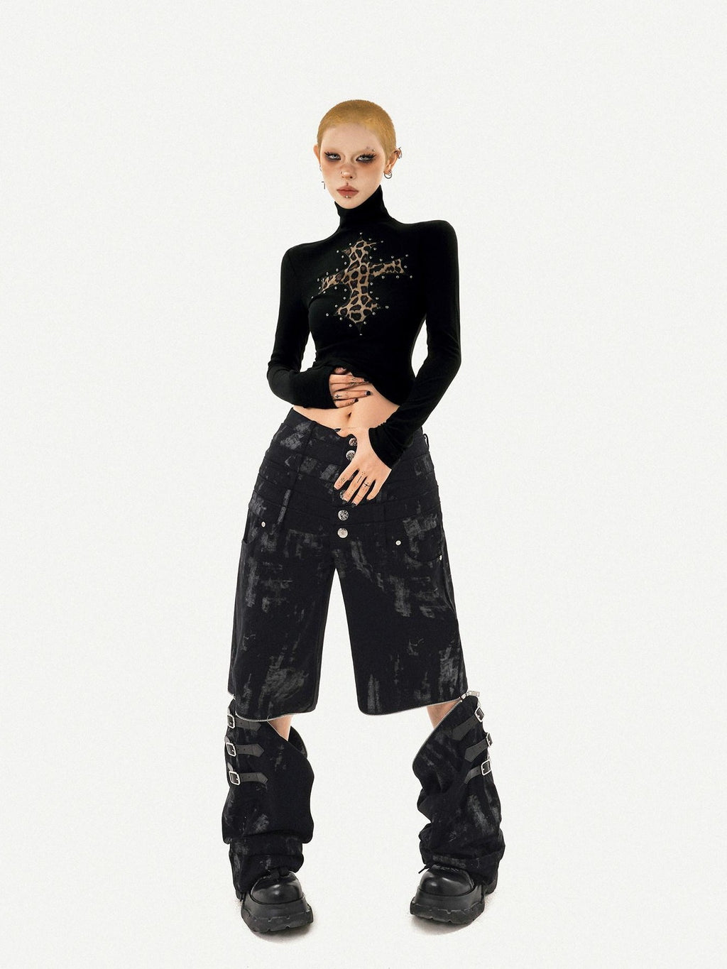 Nico Molly Leopard Print Cross Rhinestone High Neck Slim Fit Women's Long Sleeve T-shirts