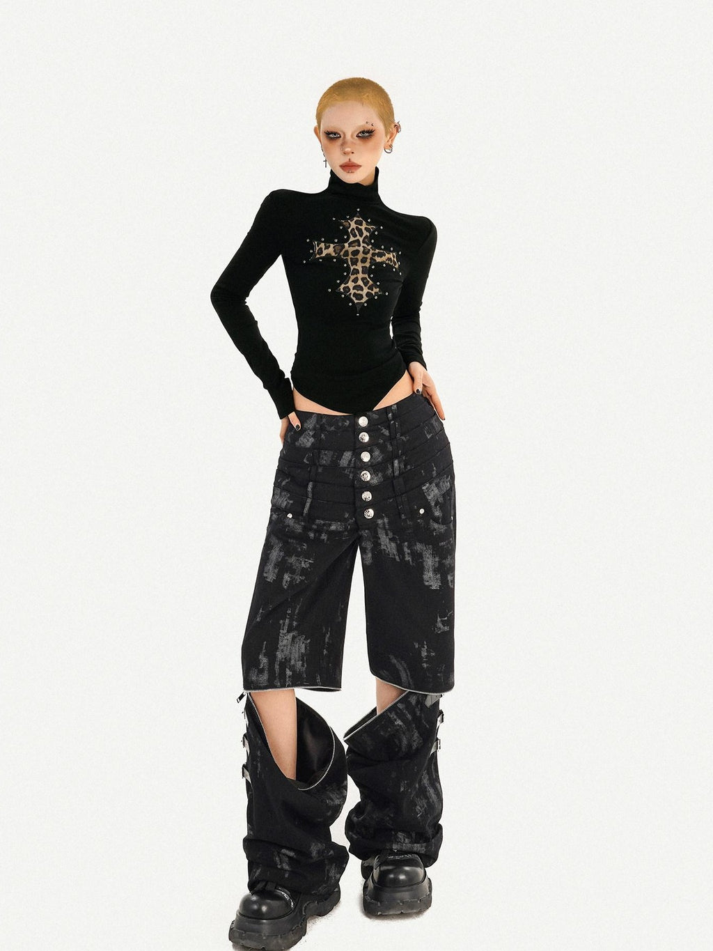 Nico Molly Leopard Print Cross Rhinestone High Neck Slim Fit Women's Long Sleeve T-shirts