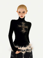 Nico Molly Leopard Print Cross Rhinestone High Neck Slim Fit Women's Long Sleeve T-shirts