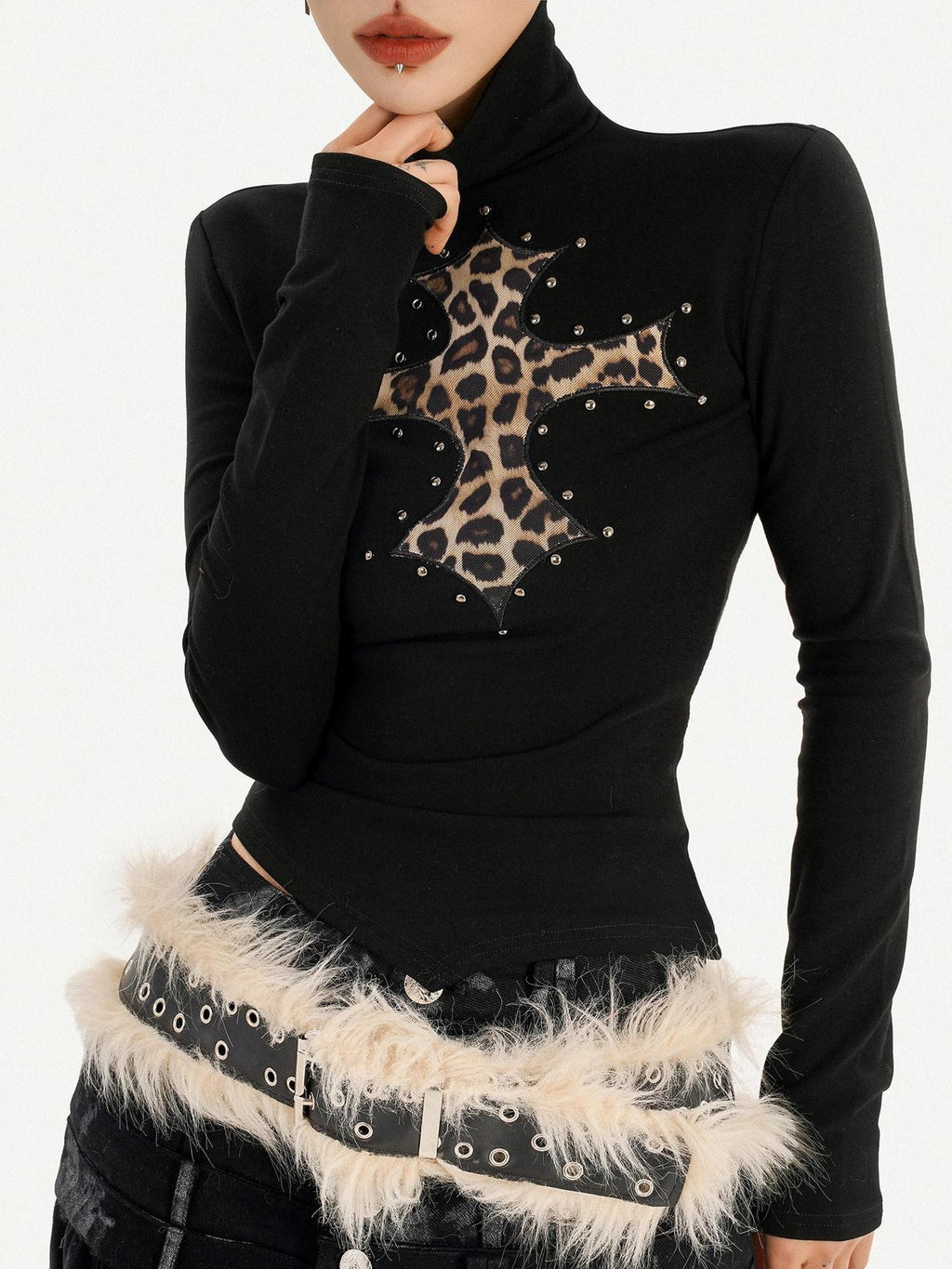 Nico Molly Leopard Print Cross Rhinestone High Neck Slim Fit Women's Long Sleeve T-shirts