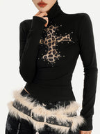 Nico Molly Leopard Print Cross Rhinestone High Neck Slim Fit Women's Long Sleeve T-shirts