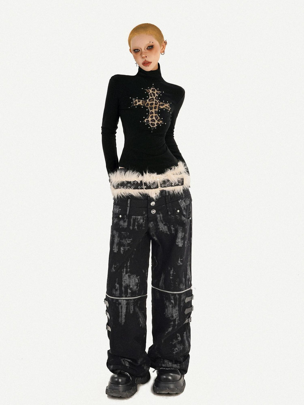Nico Molly Leopard Print Cross Rhinestone High Neck Slim Fit Women's Long Sleeve T-shirts