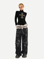 Nico Molly Leopard Print Cross Rhinestone High Neck Slim Fit Women's Long Sleeve T-shirts