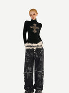 Nico Molly Leopard Print Cross Rhinestone High Neck Slim Fit Women's Long Sleeve T-shirts
