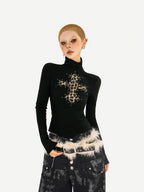 Nico Molly Leopard Print Cross Rhinestone High Neck Slim Fit Women's Long Sleeve T-shirts