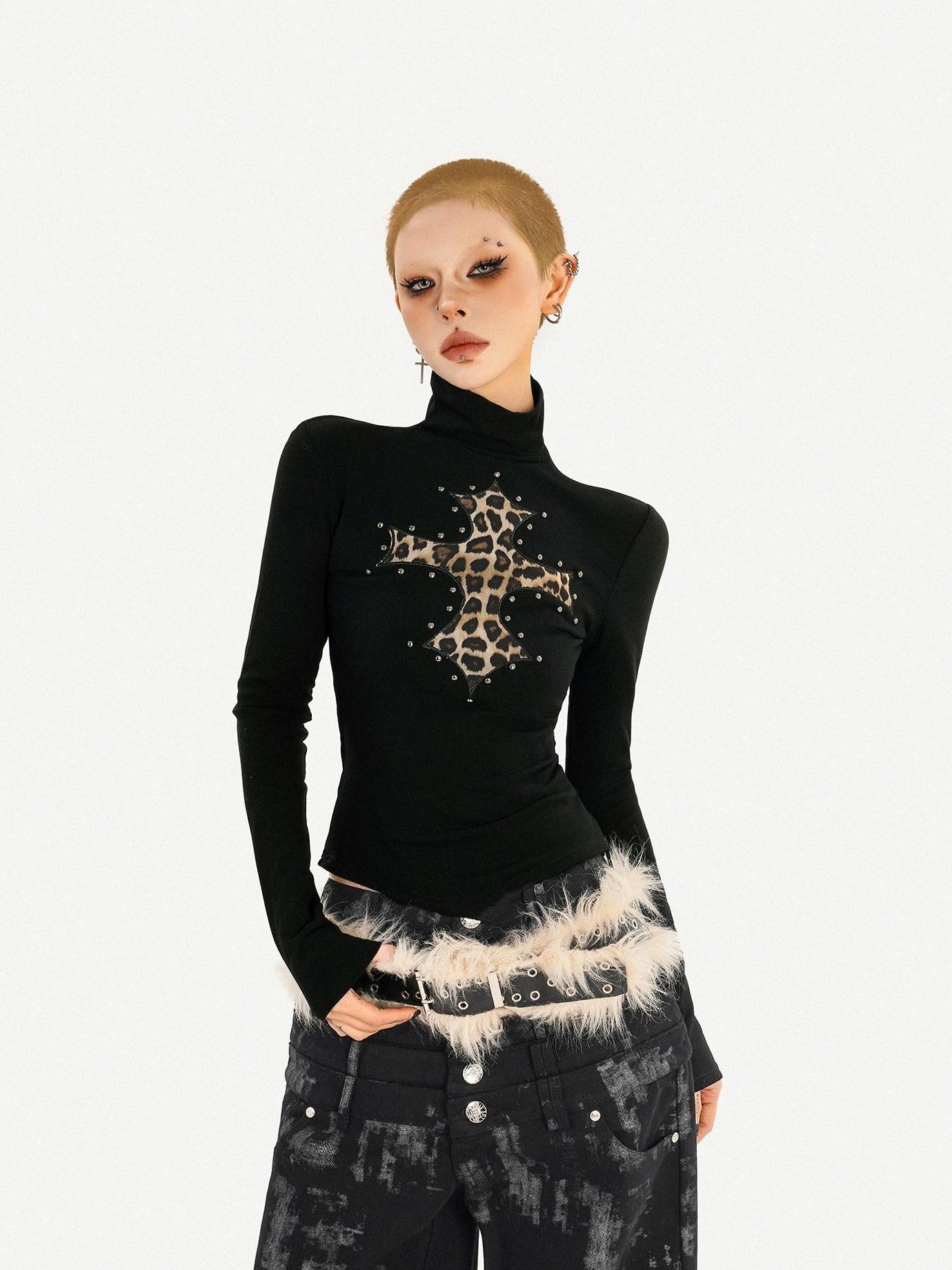 Nico Molly Leopard Print Cross Rhinestone High Neck Slim Fit Women's Long Sleeve T-shirts