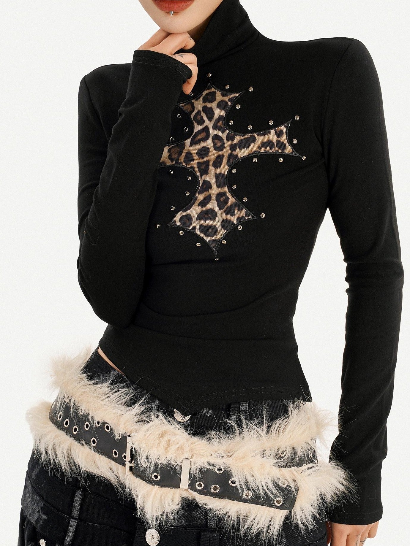 Nico Molly Leopard Print Cross Rhinestone High Neck Slim Fit Women's Long Sleeve T-shirts