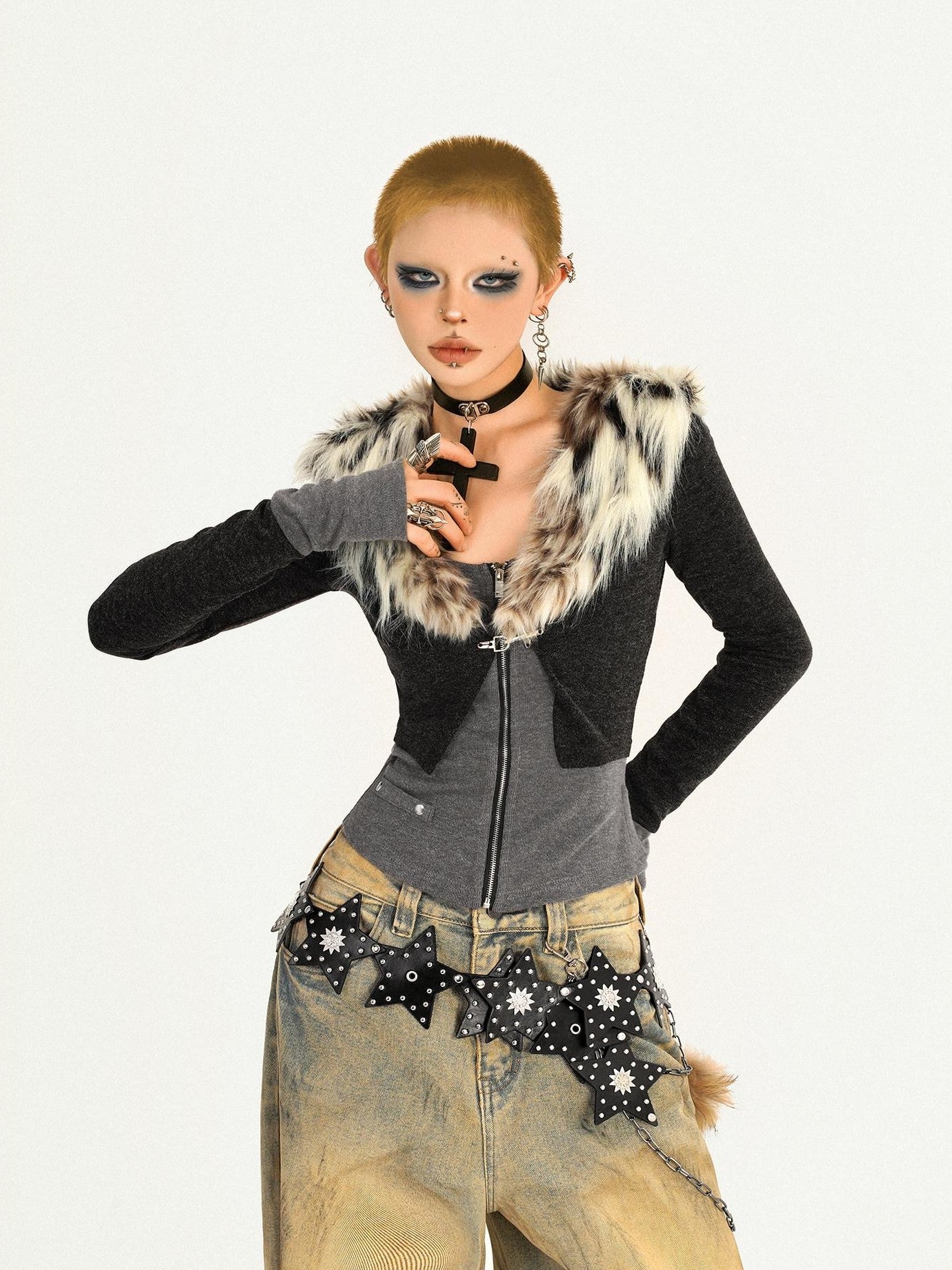 Nico Molly Leopard Print Fur Collar Knit Layered Waist Cinched Women's Cardigans