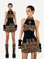Nico Molly Leopard Print Patchwork Halter Vintage Women's Top & Skirt Sets