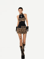 Nico Molly Leopard Print Patchwork Halter Vintage Women's Top & Skirt Sets