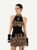 Nico Molly Leopard Print Patchwork Halter Vintage Women's Top & Skirt Sets