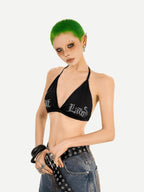 Nico Molly Leopard Print Rhinestone Halter Tie V-neck Women's Padded Tube Tops / Bandeaus