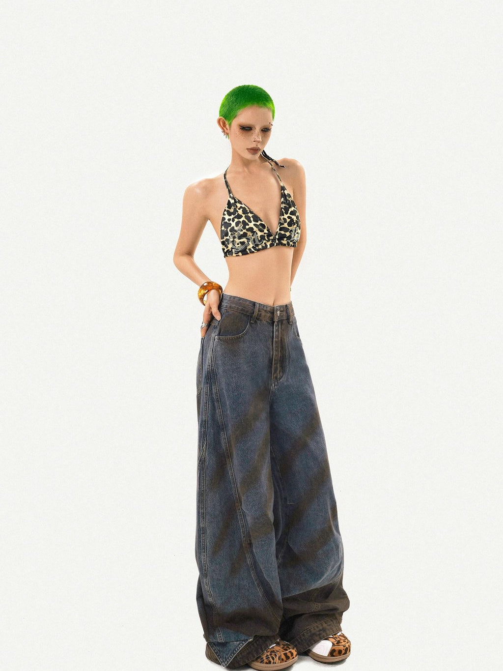 Nico Molly Leopard Print Rhinestone Halter Tie V-neck Women's Padded Tube Tops / Bandeaus