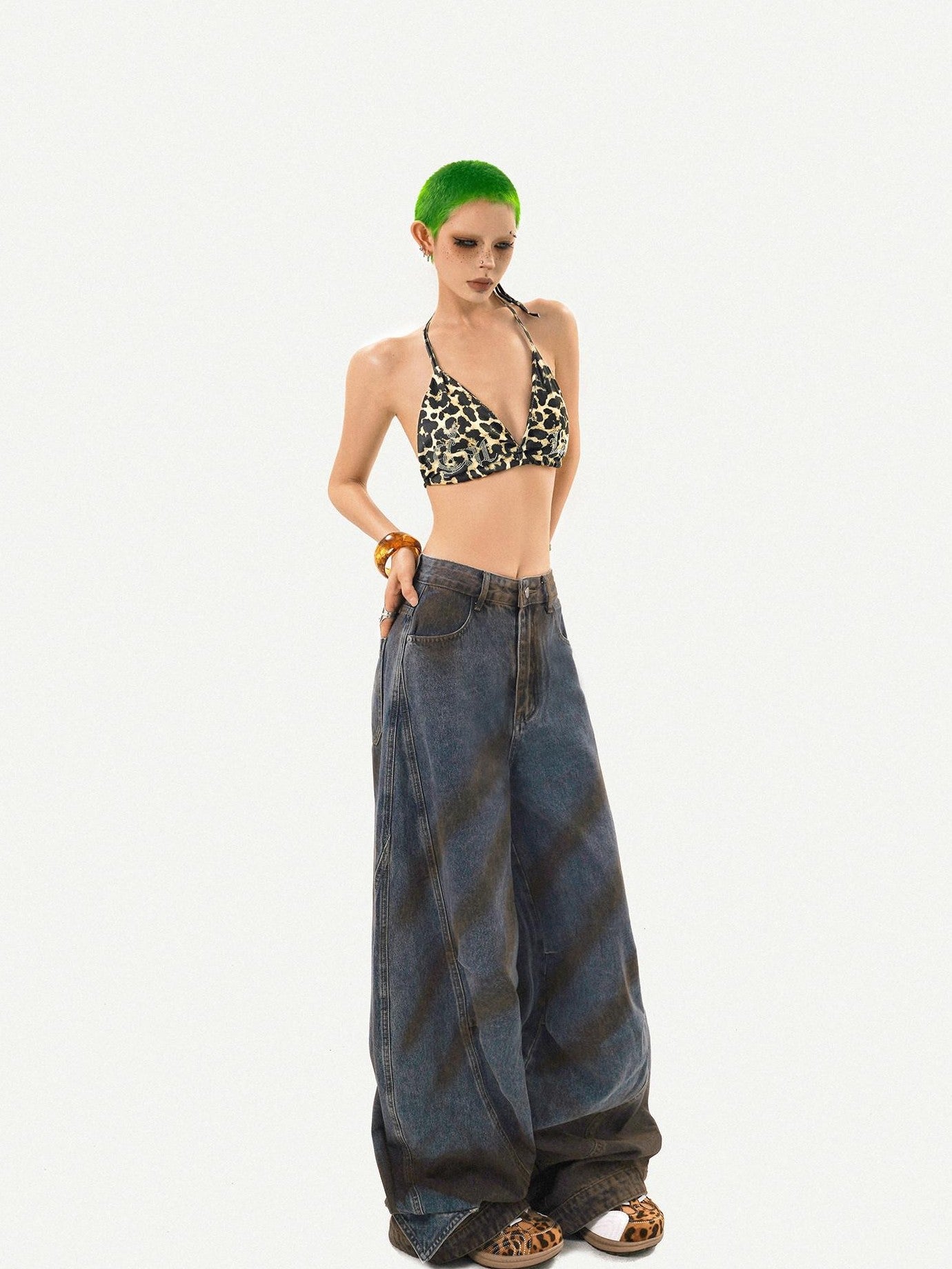 Nico Molly Leopard Print Rhinestone Halter Tie V-neck Women's Padded Tube Tops / Bandeaus