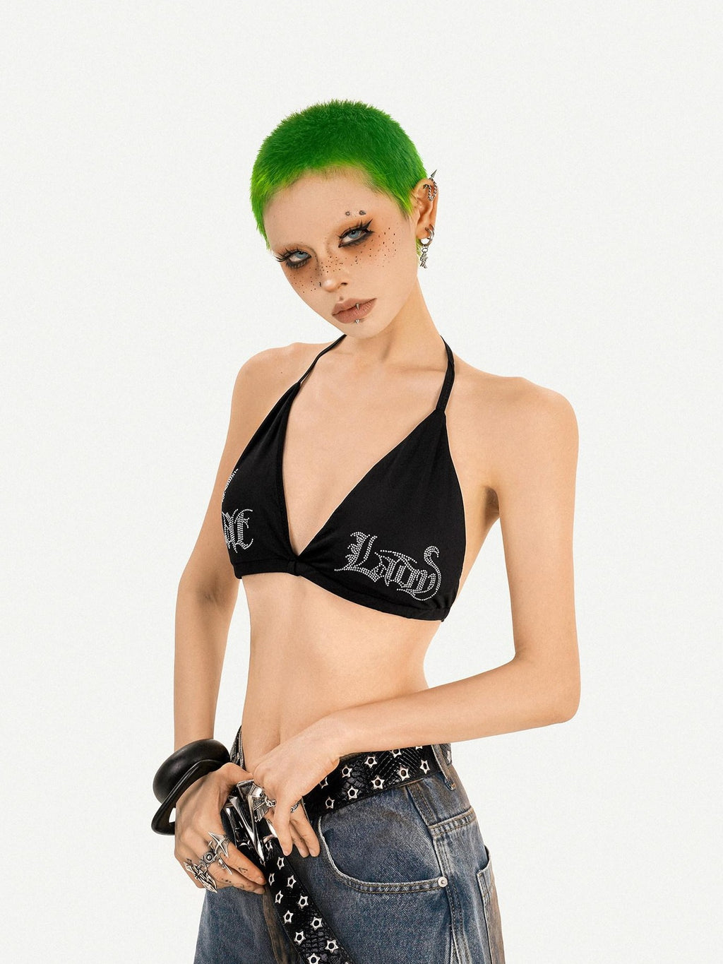 Nico Molly Leopard Print Rhinestone Halter Tie V-neck Women's Padded Tube Tops / Bandeaus