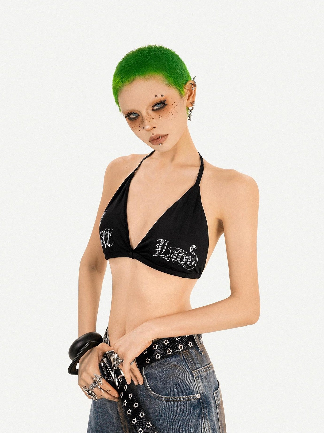 Nico Molly Leopard Print Rhinestone Halter Tie V-neck Women's Padded Tube Tops / Bandeaus