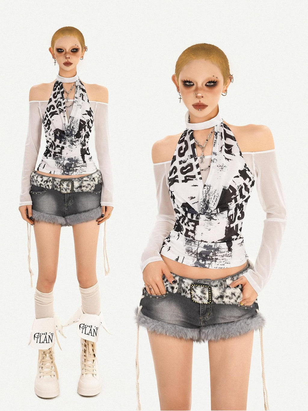 Nico Molly Letter Print Mesh Halter Bardot Women's Cotton Long Sleeve T-shirts