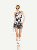 Nico Molly Letter Print Mesh Halter Bardot Women's Cotton Long Sleeve T-shirts