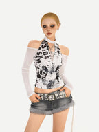 Nico Molly Letter Print Mesh Halter Bardot Women's Cotton Long Sleeve T-shirts