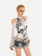 Nico Molly Letter Print Mesh Halter Bardot Women's Cotton Long Sleeve T-shirts