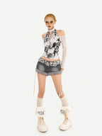 Nico Molly Letter Print Mesh Halter Bardot Women's Cotton Long Sleeve T-shirts