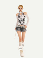 Nico Molly Letter Print Mesh Halter Bardot Women's Cotton Long Sleeve T-shirts