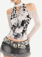 Nico Molly Letter Print Mesh Halter Bardot Women's Cotton Long Sleeve T-shirts