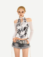 Nico Molly Letter Print Mesh Halter Bardot Women's Cotton Long Sleeve T-shirts