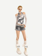 Nico Molly Letter Print Mesh Halter Bardot Women's Cotton Long Sleeve T-shirts