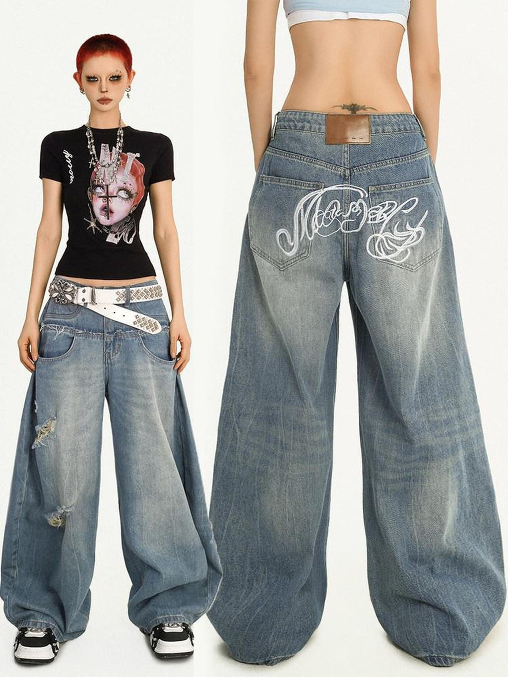 Nico Molly Light Blue Ripped Embroidered Washed High Waist Women's Wide-leg Jeans