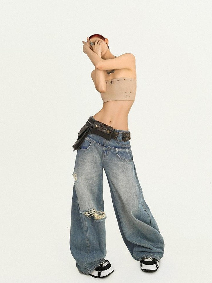 Nico Molly Light Blue Ripped Embroidered Washed High Waist Women's Wide-leg Jeans