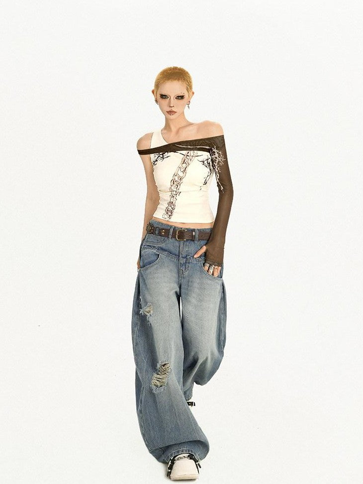 Nico Molly Light Blue Ripped Embroidered Washed High Waist Women's Wide-leg Jeans