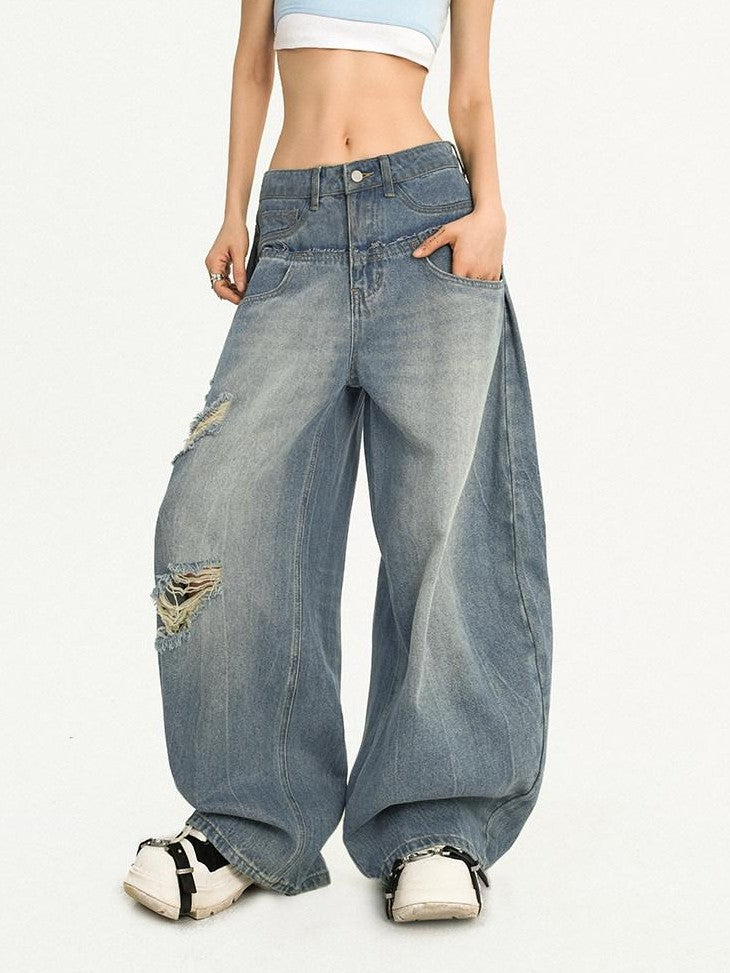 Nico Molly Light Blue Ripped Embroidered Washed High Waist Women's Wide-leg Jeans