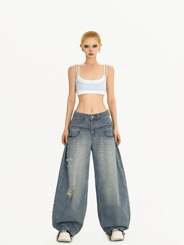 Nico Molly Light Blue Ripped Embroidered Washed High Waist Women's Wide-leg Jeans