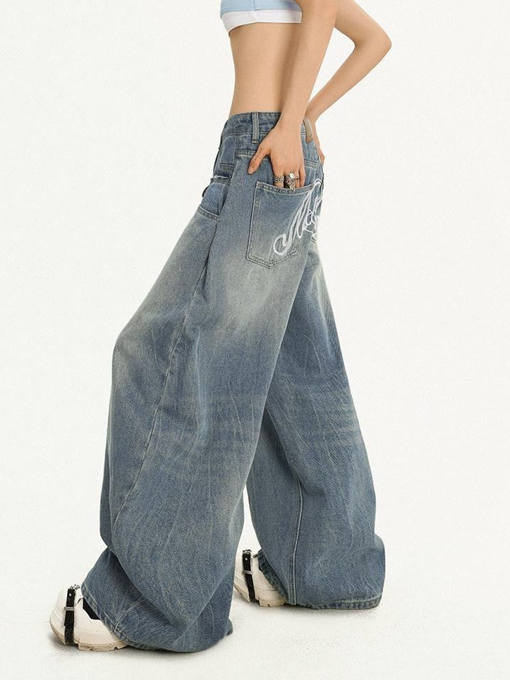 Nico Molly Light Blue Ripped Embroidered Washed High Waist Women's Wide-leg Jeans