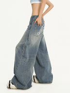Nico Molly Light Blue Ripped Embroidered Washed High Waist Women's Wide-leg Jeans