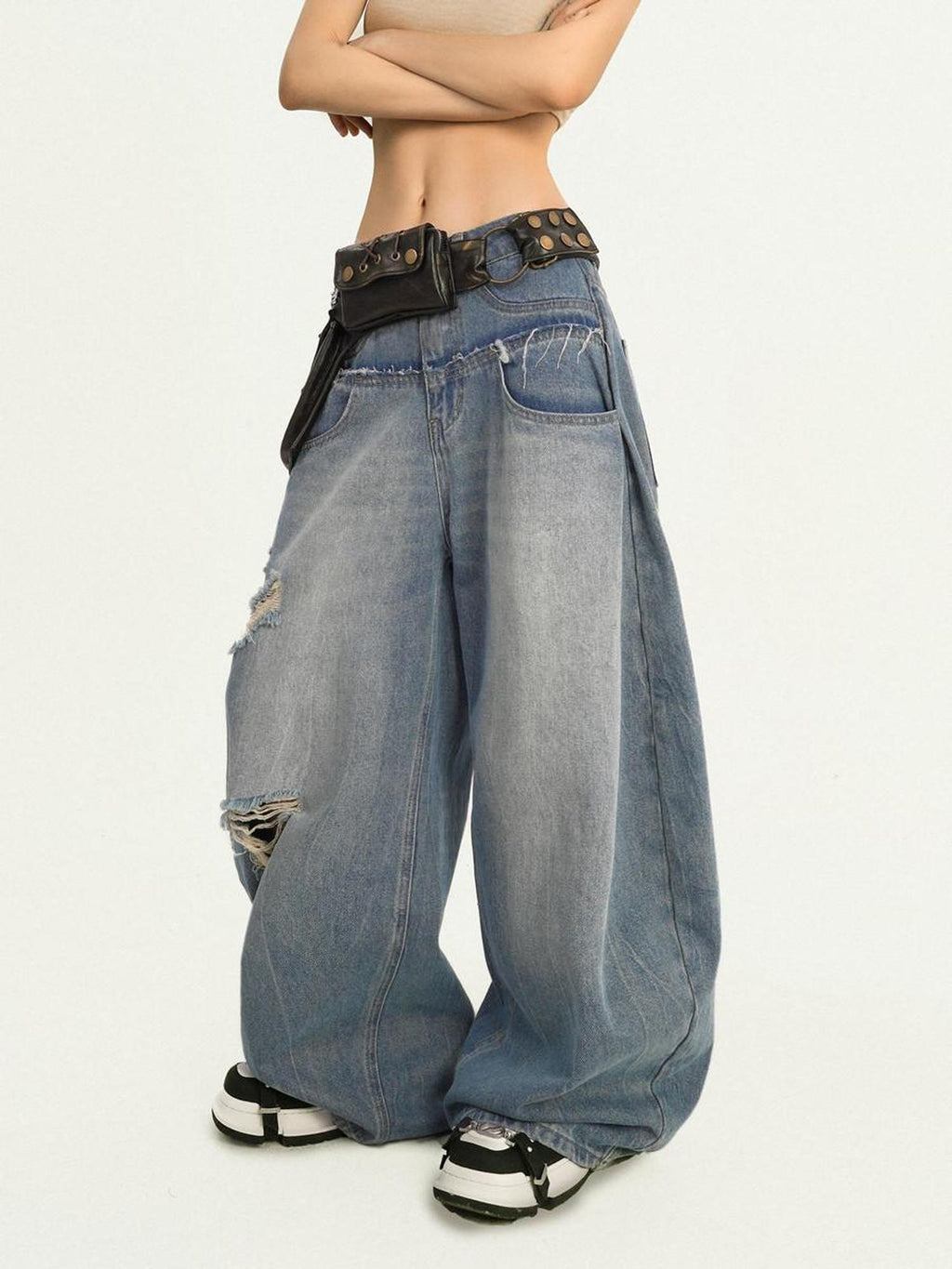 Nico Molly Light Blue Ripped Embroidered Washed High Waist Women's Wide-leg Jeans