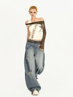 Nico Molly Light Blue Ripped Embroidered Washed High Waist Women's Wide-leg Jeans