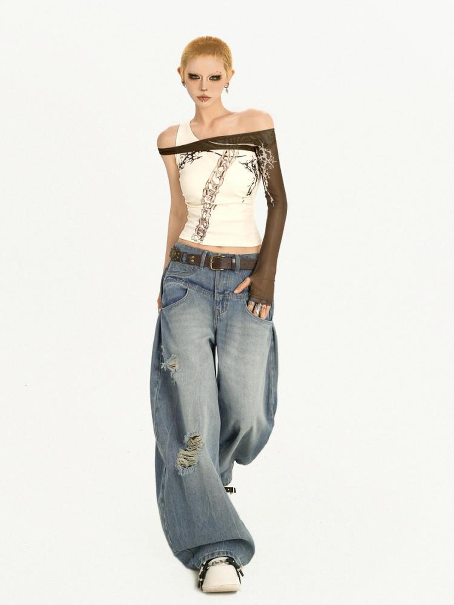 Nico Molly Light Blue Ripped Embroidered Washed High Waist Women's Wide-leg Jeans
