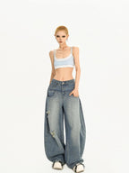 Nico Molly Light Blue Ripped Embroidered Washed High Waist Women's Wide-leg Jeans
