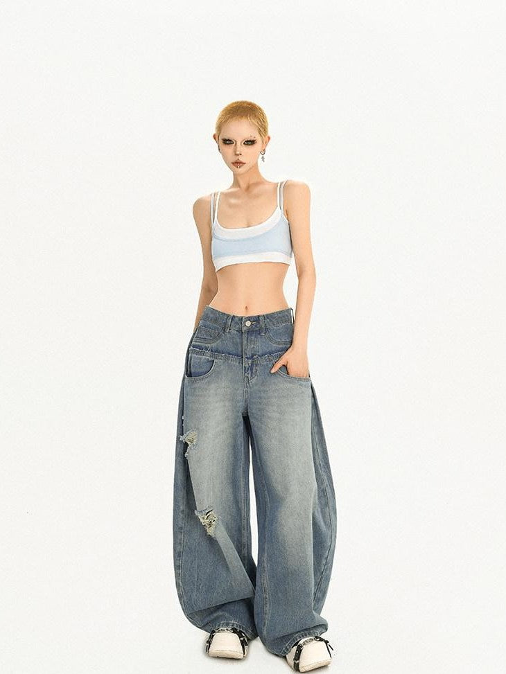 Nico Molly Light Blue Ripped Embroidered Washed High Waist Women's Wide-leg Jeans