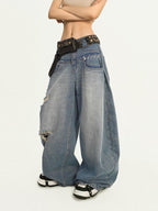 Nico Molly Light Blue Ripped Embroidered Washed High Waist Women's Wide-leg Jeans