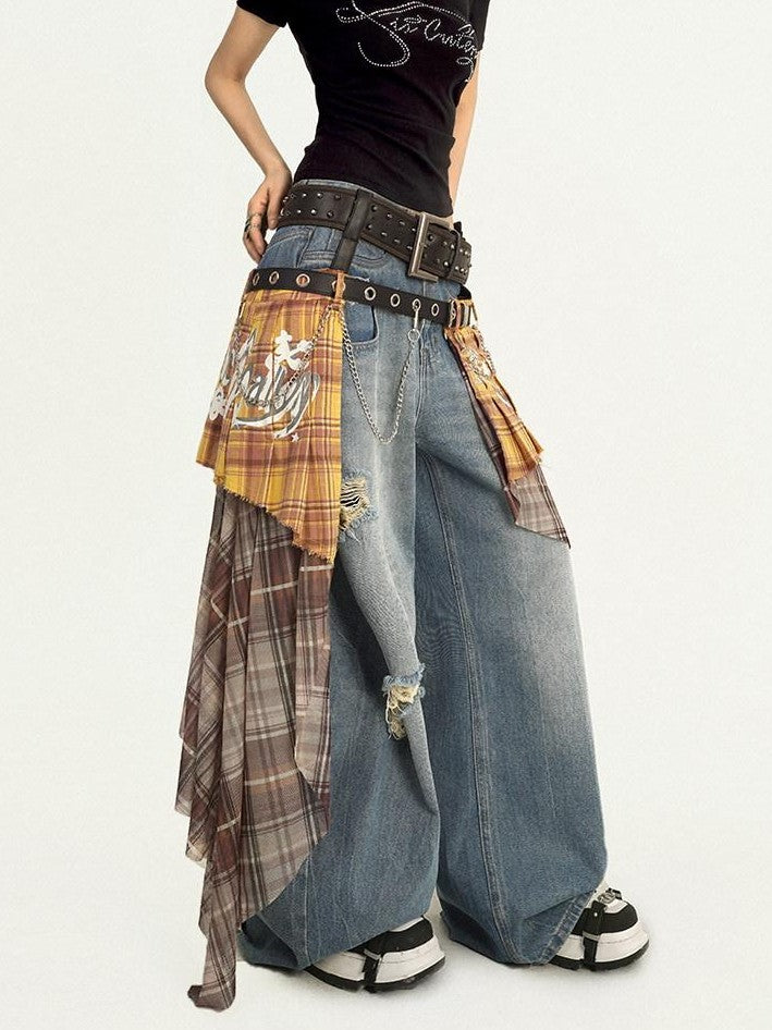 Nico Molly Light Blue Ripped Embroidered Washed High Waist Women's Wide-leg Jeans