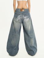 Nico Molly Light Blue Ripped Embroidered Washed High Waist Women's Wide-leg Jeans