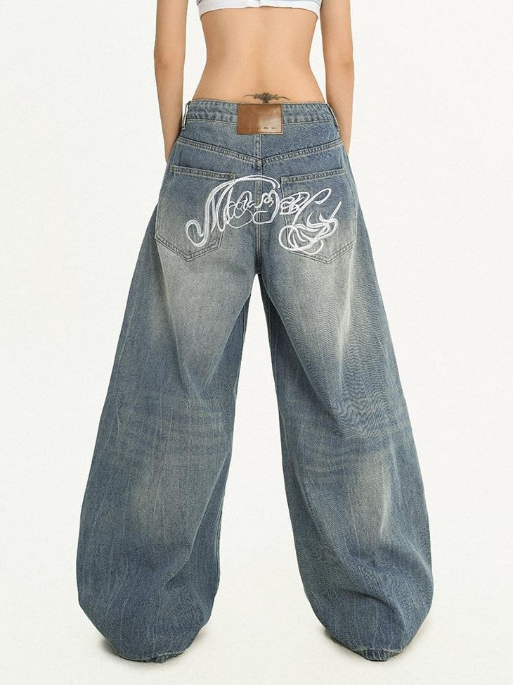 Nico Molly Light Blue Ripped Embroidered Washed High Waist Women's Wide-leg Jeans